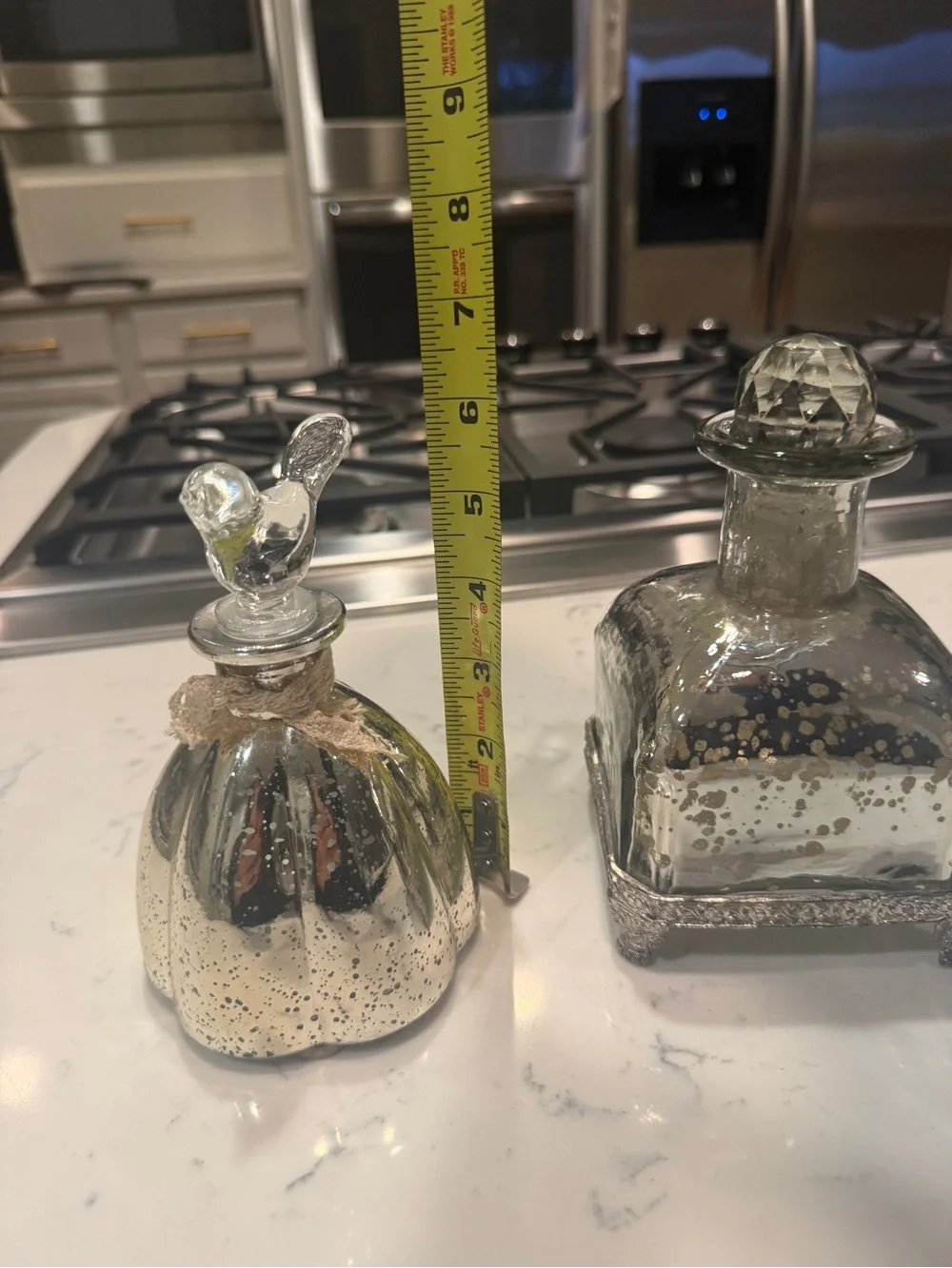 Mercury Glass Decorative Bottles Bird & Crystal Stoppers Cottage Decor